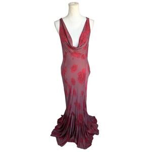 FREE PEOPLE Zelda Maxi Rose Print Mauve Red Cowl Back Mermaid Hem Size 2